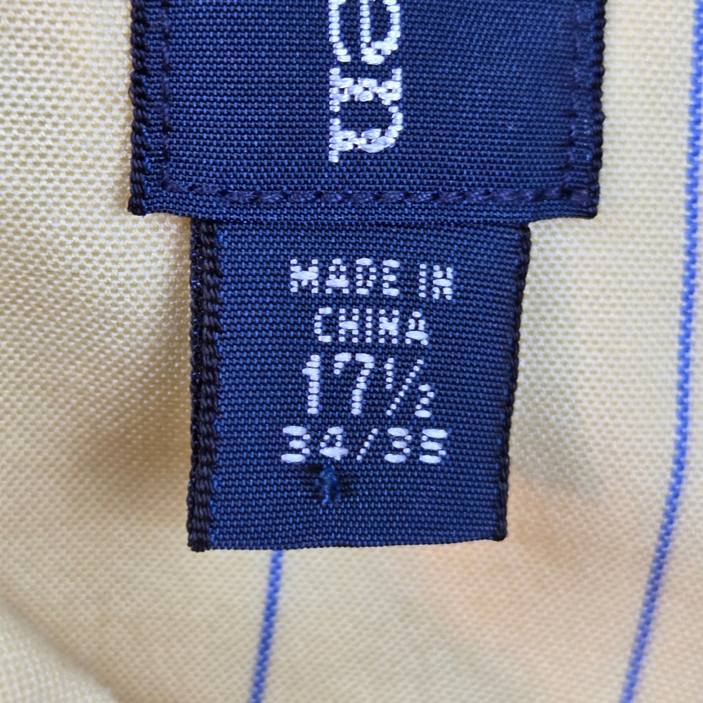 Ralph Lauren Button Down Shirt Mens 17.5 34/35 Yellow Blue Pinstripe Classic Fit - Picture 3 of 8